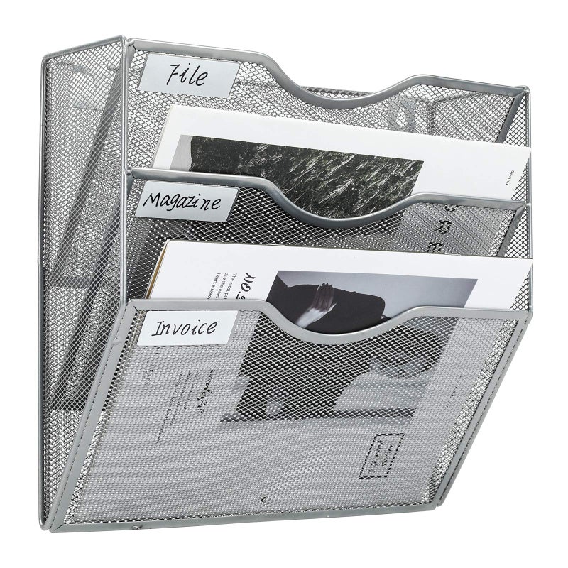 PAG Hanging Wall File Holder Mail Organizer Wall Mount Document Letter Rack, 3-Tier, Silver - Image 1